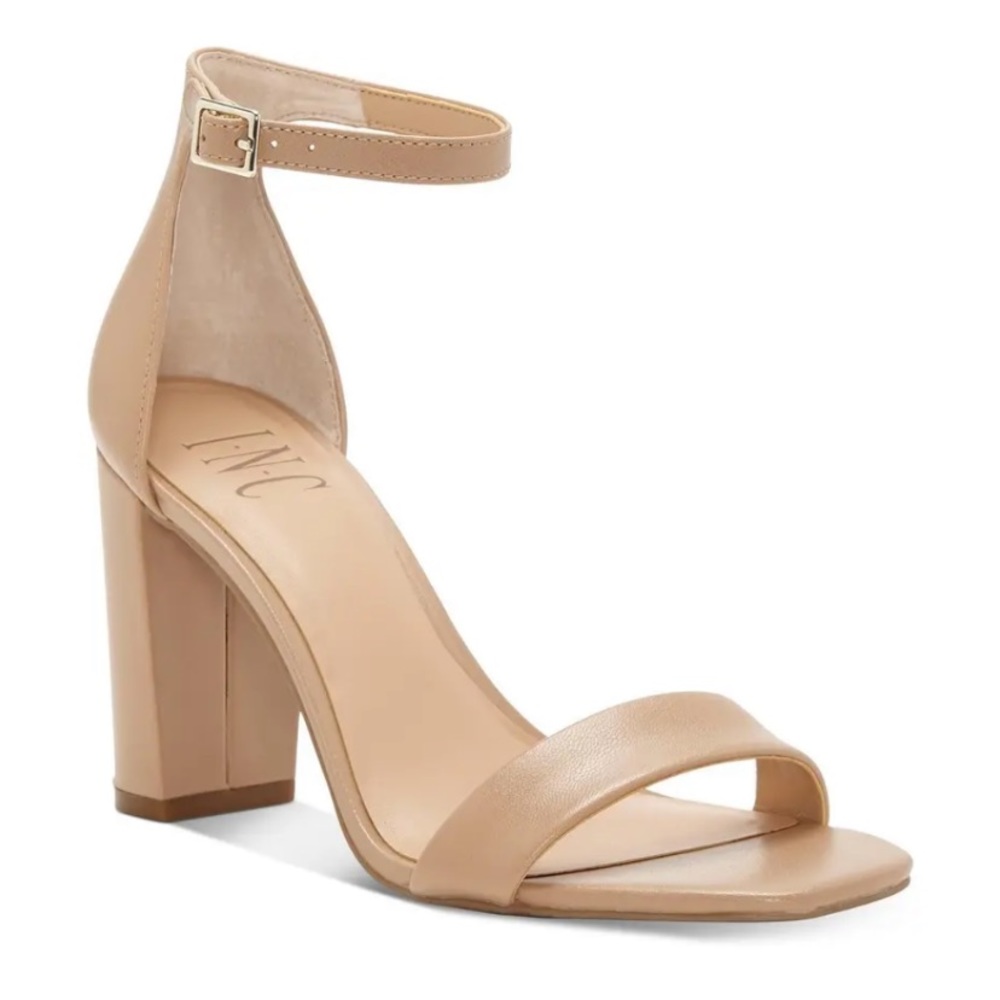 INC International Concepts Lexini Two-Piece Sandals Nude Ankle Strap Block Heels